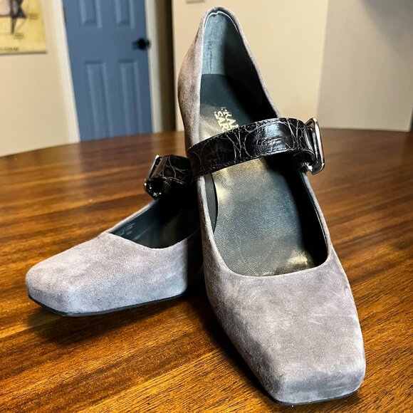BRAND NEW! FRANCO SARTO Gray Suede "L-Fave" Mary Jane Square Toe Block Heel 8.5 - Picture 1 of 8